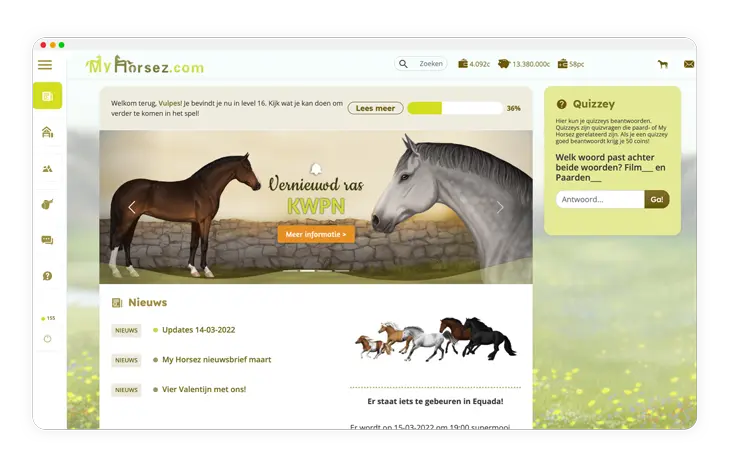 De interface van online paardengame My Horsez